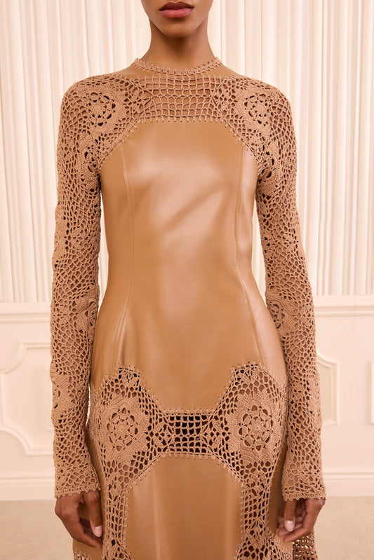 Emi Long Sleeve Crochet & Leather Dress - Camel